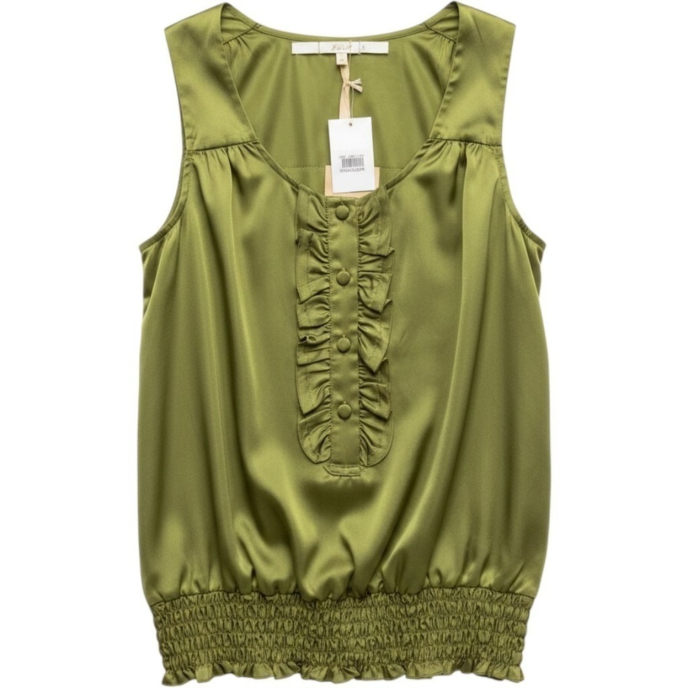 Gibson 100% Silk Ruffle Front Smocked Blouson Tank Top Olive Green Small NWT‎